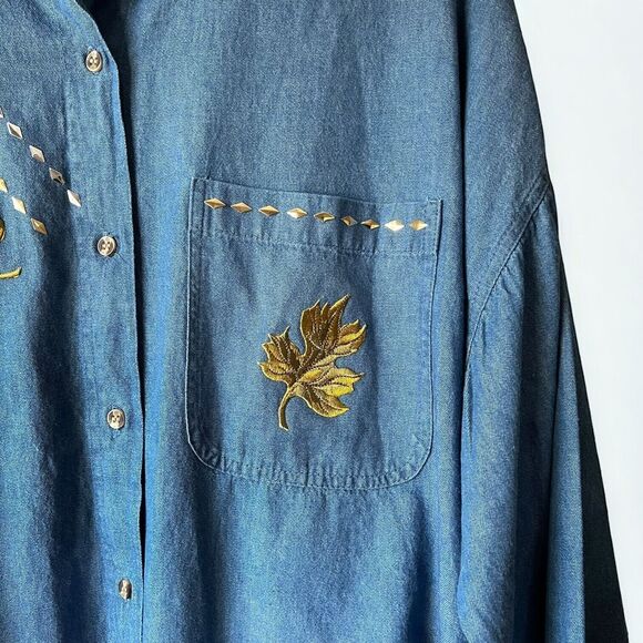 Vintage Embroidered Fall Leaf Blue Denim Button Down Long Sleeve Womens Size XXL - Picture 5 of 13
